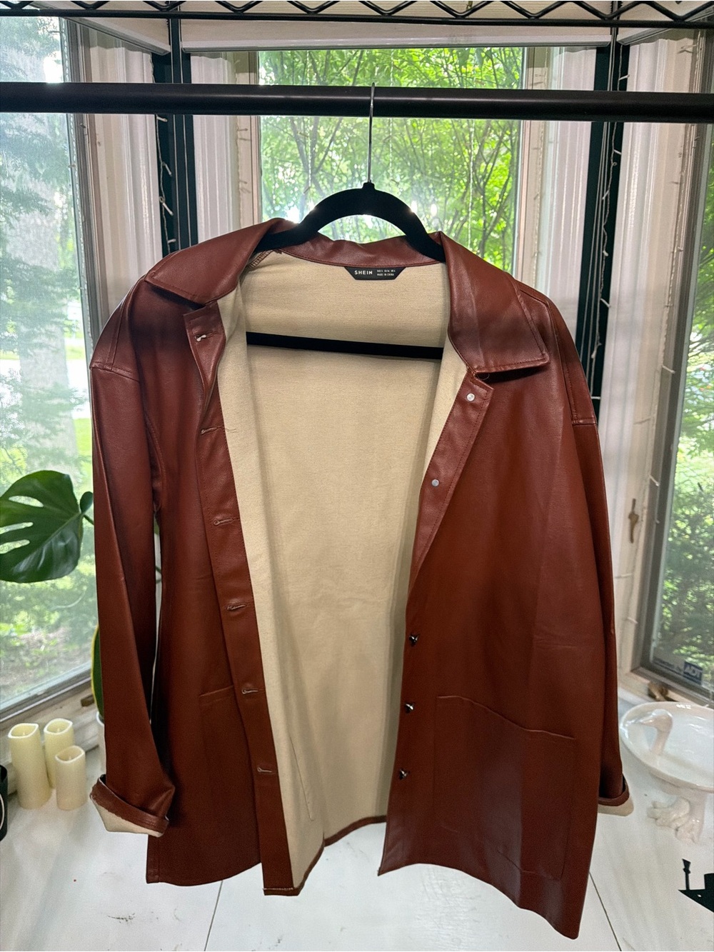 SHEIN Brown Vegan Leather Jacket with Cream Lining